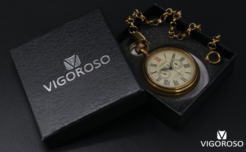 VIGOROSO Men's Vintage Full Copper Hand-Wind Mechanical Second&24hours Sub-dials Pocket Watch in Box