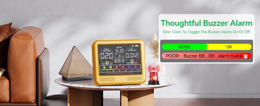 16-in-1 Indoor Air Quality Monitor with PM1.0,PM2.5,PM10,CO2,HCHO,TVOC,Temperature,Humidity,Time Display &7 AQI Alarms – Professional Air Quality Tester for Home, Office & Indoor Use