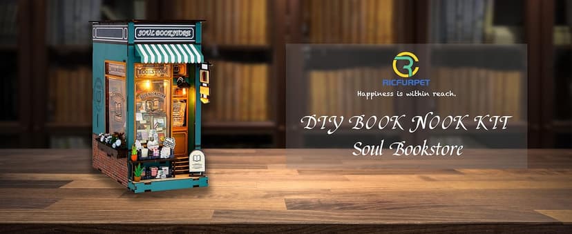 DIY Book Nook Kit with Music Box, Wooden 3D Puzzle Dollhouse with LED, Miniature House Kit Bookends for Adult and Teen, Bookshelf Decor, Creative Gift for Friends and Family. Soul Bookstore