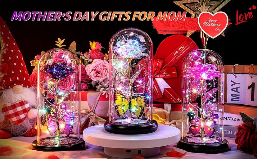 Birthday Gifts for Women Mom, Galaxy Glass Rose Forever Eternal Crystal Flower Light Up Rose in Glass Dome with Butterfly Mothers Day Christmas Rose Gifts for Her Wife Daughter Friends Colorful