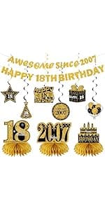 11Pcs 18th Birthday Decorations Kit for Boys Men, Blue Sliver Happy 18th Birthday Banner, Awesome Since 2007 Centerpieces Swirls Party Supplies, Eighteen Bday Banner Ceiling Table Topper Sign