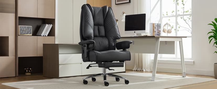 EXCEBET Big and Tall Office Chair 400lbs Wide Seat, Leather High Back Executive Office Chair with Foot Rest, Ergonomic Chairs Lumbar Support for Lower Back Pain Relief (Grey)