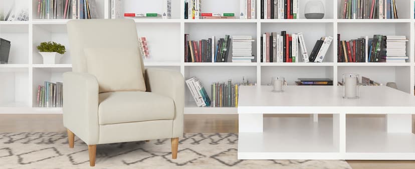 COLAMY Mid-Century Modern Upholstered Accent Chair with Back Pillow & Solid Wood Legs, Fabric Cozy Armchair for Living Room, Bedroom, Reading Nook, Apartment & Small Spaces, Beige