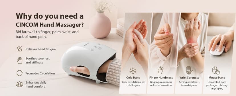 CINCOM Hand Massager - Cordless Hand Massager with Heat and Compression for Arthritis and Carpal Tunnel, Gifts for Women(White)