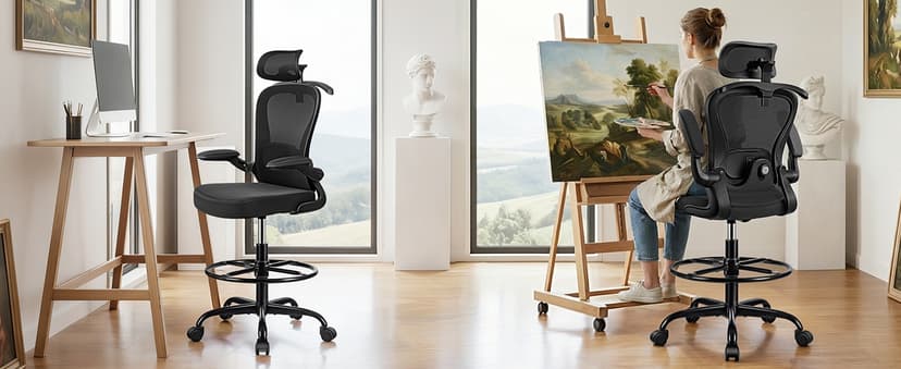 Drafting Chair, Tall Office Chair with 3D Lumbar & Head Support, Ergonomic Mesh Standing Desk Chair with Footring, Comfy Extended High Desk Chair with Flip-Up Arms & Hanger,Black