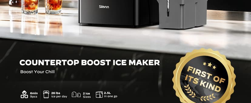 Silonn Countertop Ice Maker with Expanding Ice Basket, 9 Cubes in 6 Mins, 2.5L Ice Basket, Self-Cleaning Ice Maker with LED Touch Control, 2 Bullet Ice Sizes for Home, Kitchen, Office