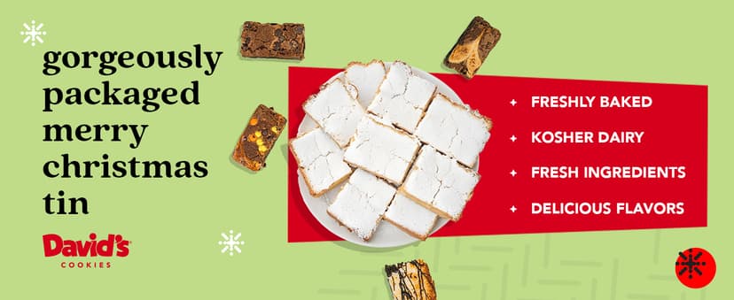 David's Cookies Merry Christmas Assorted Brownies & Crumb Cake Gift Tin 16pcs - Delicious, Fresh Baked Snacks, Gourmet Chocolate Fudge Slices, Brownies, Ideal Gift for Christmas Holidays