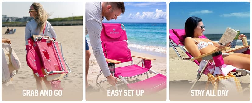 Ostrich the Deluxe 3N1 Lightweight Lawn Beach Reclining Lounge Chair with Footrest, Outdoor Furniture for Patio, Balcony, Backyard, or Porch, Pink