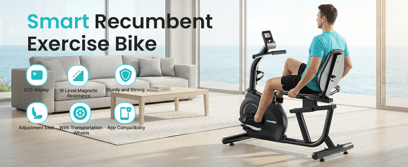 Recumbent Exercise Bike for Home, Quiet Recumbent Stationary Bike with App Sync, 16-Level Magnetic Resistance, Adjustable Seat & LCD Monitor for Adults and Seniors