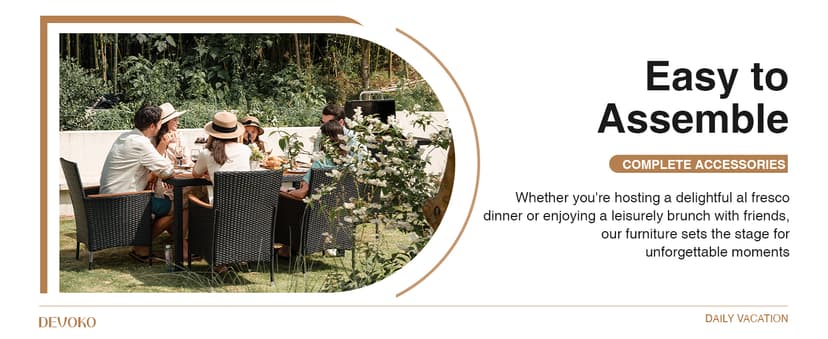 Devoko Dining 7 PCS Furniture, Patio Conversation Set with Acacia Wood Table Top, Outdoor, Beige Cushion and Black Rattan