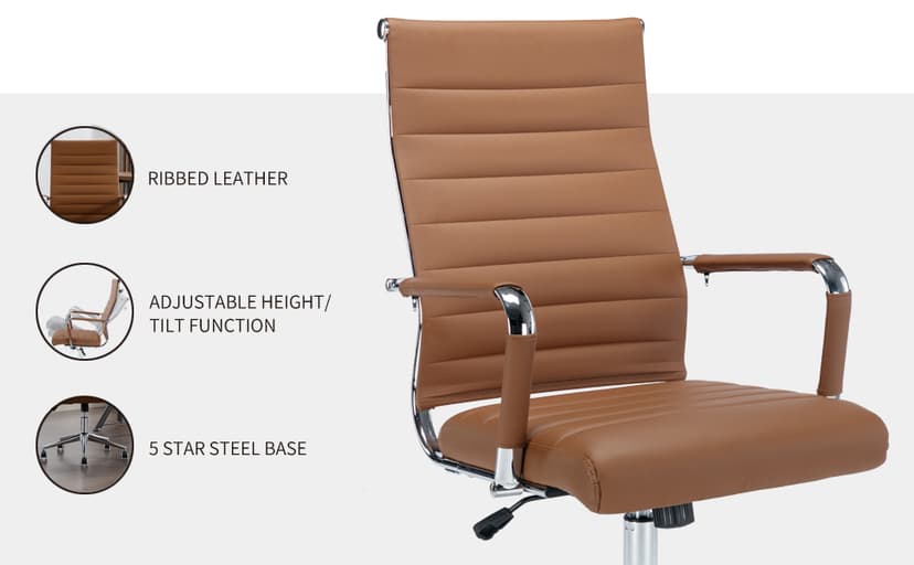 Office Desk Chair Leather, Conference Room Chairs with Wheels, Executive Modern High Back Ergonomic Swivel Rolling Ribbed Computer Chair(Brown)