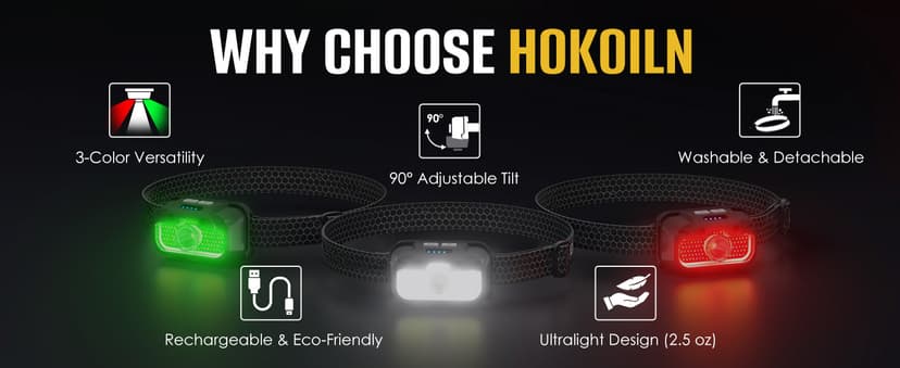 HOKOILN 2-Pack LED Headlamp Rechargeable with Green & Red Light -1300 Lumen Ultra-Bright Flashlight Headlight for Camping, Running, Hiking, Fishing - Waterproof with 7 Modes