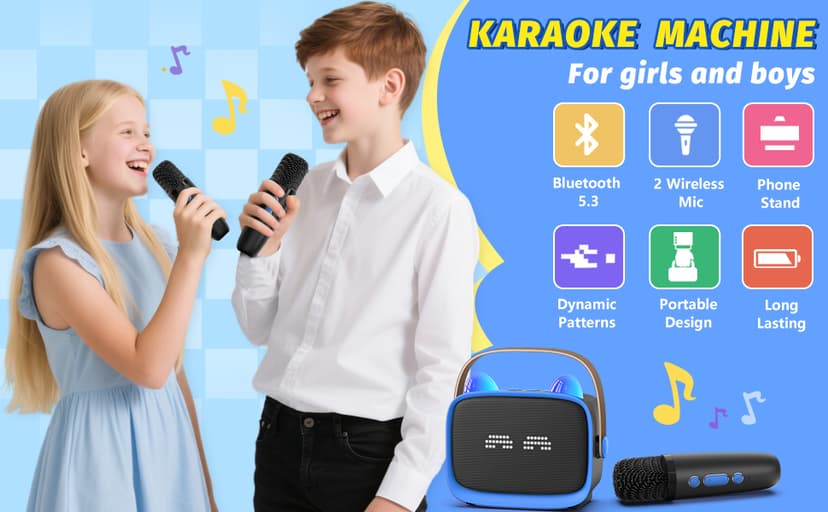 Mini Karaoke Machine Toys Gifts,Kids Portable MP3 Player with 2 Wireless Microphone and LED,Christmas Birthday Gifts for Girls Boys 3 4 5 6 7 8+ Year Old (Blue)