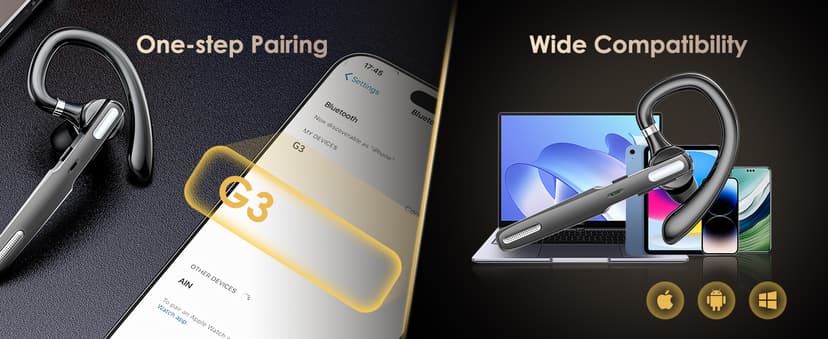 ICOMTOFIT Bluetooth Headset, Wireless Bluetooth Earpiece V5.0 Hands-Free Earphones with Built-in Mic for Driving/Business/Office, Compatible with iPhone and Android (Gray)