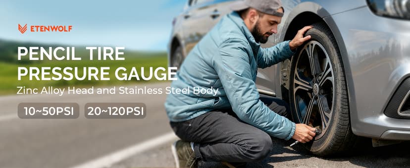 ETENWOLF Pencil Tire Pressure Gauge 2 Pack (10-50PSI, 20-120PSI) with 16 Tire Caps Calibrated to ANSI B40.1 Grade B(2%), Stainless Steel Body, Car Accessories for Cars, Pickups, RVs, Bicycles