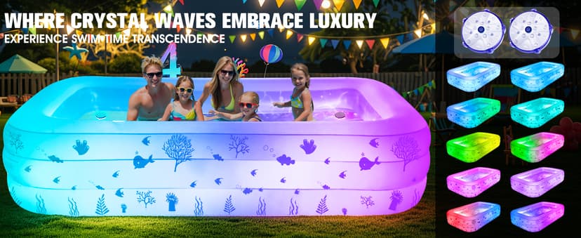 Inflatable Pool with Seat and Pool Lights, Durable Thickened Large Size Inflatable Pools for Adults Blow Up Pools,100" x 63" x 22"Swimming Inflatable PooI for Backyard,Outdoor (White)