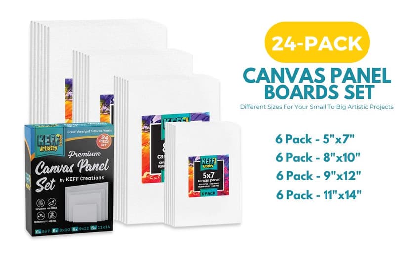 KEFF 24-Pack 𝗣𝗥𝗘𝗠𝗜𝗨𝗠 Canvas for Painting, 6 of 5x7, 8x10, 9x12,11x14 Painting Canvas Boards, Art Supplies for Adults & Kids - 100% Cotton Primed Canvases for Painting Acrylic, Oil, Watercolor B085F4JH1H