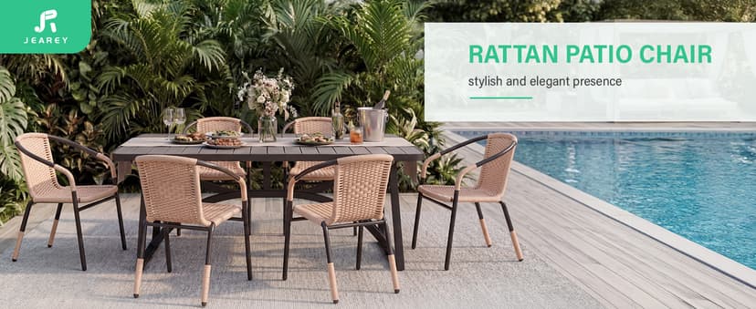 JEAREY Outdoor Patio Rattan Dining Chairs Set of 4, All Weather Stackable Dining Chairs for Lawn, Restaurant, Garden, Beige
