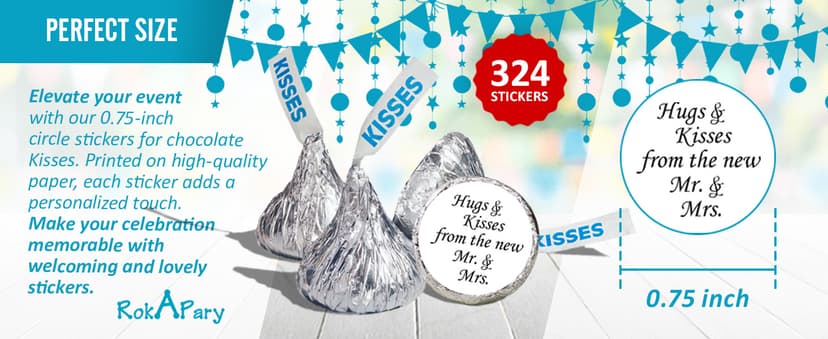324 Hugs and Kisses from The New Mr. & Mrs. Kiss Wedding Stickers, Chocolate Drops Labels Stickers for Weddings, Bridal Shower Engagement Party Decorations, Kisses Favors Decor. Made in USA