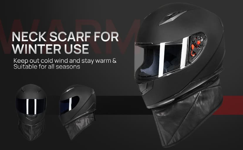 ILM Full Face Motorcycle Street Bike Helmet with Removable Winter Neck Scarf + 2 Visors DOT Model ILM-313 (L, Matte Black)