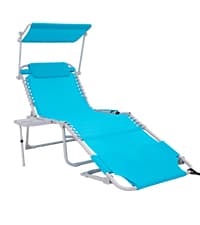 #WEJO 4-in-1 Tanning Chair with Face Hole and Side Table - 5-Position Face Down Folding Chaise Lounge with Canopy Shade & Cup Holder - Portable Heavy Duty Tanning Bed for Beach, Pool, Patio (Khaki)