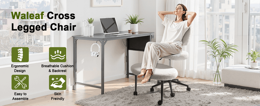 Waleaf Ergonomic Cross Legged Office Chair with Wheels, ADHD Chair for Adults, Meditation Chair, Yoga Office Chair, Kneeling Chairs with Comfortable Back Support, Height Adjustable, Teddy Fabric