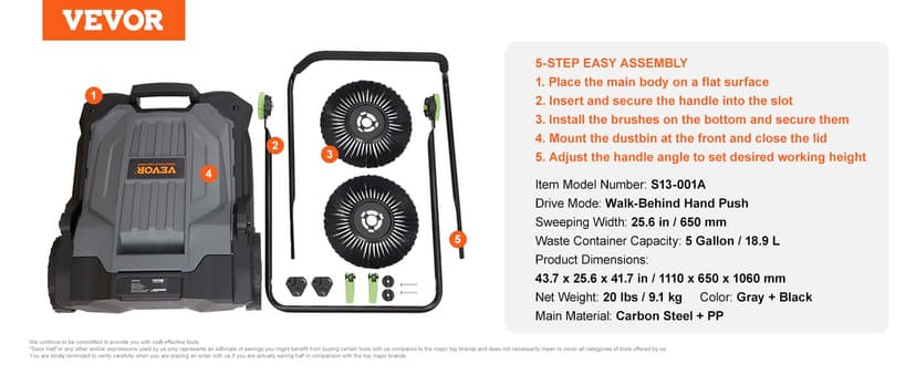 VEVOR Walk-Behind Hand Push Floor Sweeper, 25.6" Sweeping Width Floor Sweeper Manual Non-Electric, 5-Gallon Waste Container, Angle & Height Adjustable Folding Handle for Walkway, Yard, Garage, Patio