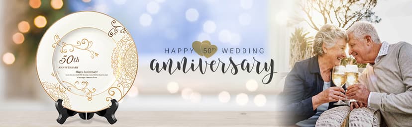 50th Anniversary Wedding Gifts for Couple/Parents/Grandparents, 50th Golden Presents for Marriage, Gold Porcelain Keepsake Plate with Stand, 10 inch