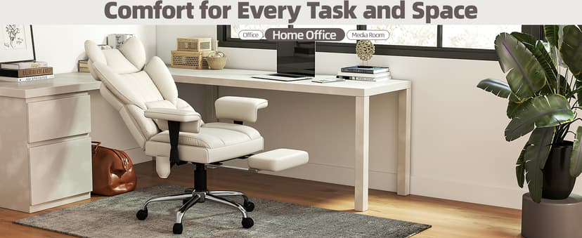 Massage Office Chair with Heat - 6 Points Vibration 400LBS Leather Reclining Office Chair with Lumbar Pillow, Adjust Headrest and Armrest, Executive Desk Chair for Home Office, Beige