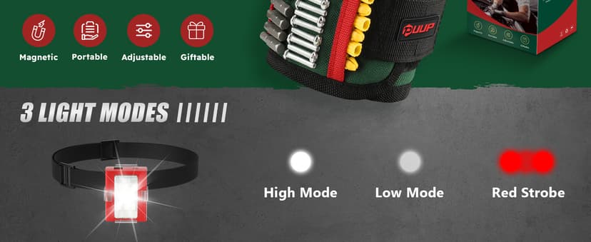 Magnetic Wristband with LED Light, Stocking Stuffers for Men, Christmas Gifts for Men, Dad, Him, Mechanics, Woodworker, Handyman, Magnet Tool Belt Wrist Band, Adjustable Wrist Screws Holder