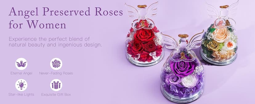 Gifts for Women Birthday Preserved Rose Forever Flower in Glass Angel Figurines Fresh Flowers for Delivery for Mom Real Colorful Roses for Grandma Sister Wife Her from Daughter
