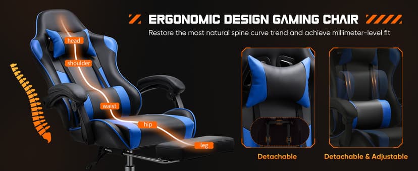 DUMOS Ergonomic Gaming Office Desk Chair with Linkage Armrests for Adults, Height Adjustable Computer Chair with Footrest and Headrest, PU Leather 360° Swivel Recliner with Lumbar Support, Deep Blue