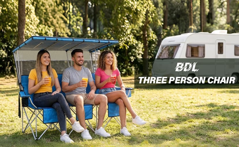 BDL 3 Person Camping Chair with Canopy Shade, Oversized Heavy Duty Camping Chair with Cup Holders & Ice Bag Portable Family Folding Chair for Outdoor, Lawn & Sports,White