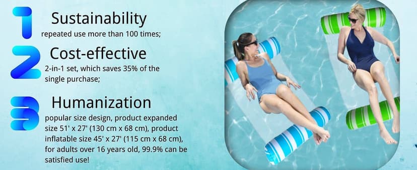 3 Pack Inflatable Pool Floats Adult Size Water Hammock,Pool Floaties Toys,4-in-1 Multi-Purpose Floats for Swimming Pool,Pool Rafts Lounge Chairs Floating,for Adults Vacation Fun and Rest