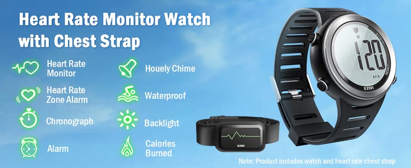 EZON Heart Rate Monitor and Chest Strap, Exercise Heart Rate Monitor, Sports Watch with HRM, Waterproof, Stopwatch, Hourly Chime T007