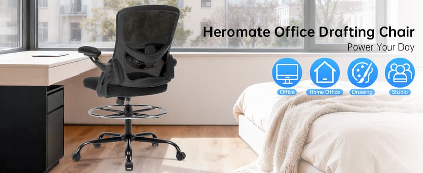 Drafting Chair Ergonomic Comuputer Standing Desk Chair with Flip-Up Arms and Lumbar Support, Tall Office Chair with Adjustable Footrest, Stool Counter Height Office Chairs Black
