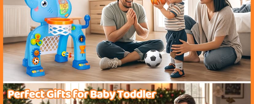 KIZZYEA Toys for 1 2 3 Years Old Boys Girls, Toddler Basketball Hoop & Soccer Goal, Montessori Toy, Interactive Musical Sports Toys with Light, Christmas Birthday Gifts for Baby Kids Age 12-18 Months