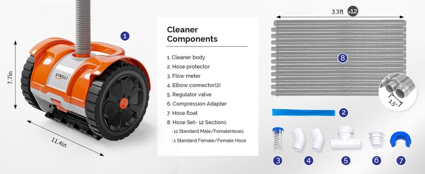(2025 Upgrade) VINGLI Pool Vacuum Cleaner, Suction Side Wall-Climbing Sweeper for Ground&Inground Pools, Automatic Pool Vacuum with 39.6ft Tangle-Free Hose (Rich Orange&Gray)