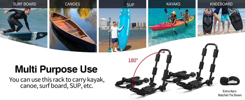Leader Accessories Folding Kayak Rack 4 PCS/Set J Bar Car Roof Rack for Canoe Surf Board SUP On Roof Top Mount on SUV, Car and Truck Crossbar with 4 pcs Tie Down Straps