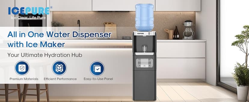 ICEPURE Water Cooler Dispenser with Build-in Ice Maker, Hot and Cold Water Dispenser with Bullet Ice Maker, 33lbs/24H, Child-Lock,Top Loading