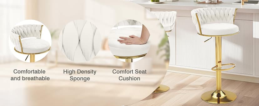 VECELO Bar Stools Set of 2, Adjustable Barstools Counter Height Stools with Back and Arm, Velvet Woven Kitchen Island Stools w/Gold Metal Leg & Base, 360° Swivel Bar Chair for Pubs Dining Room, White