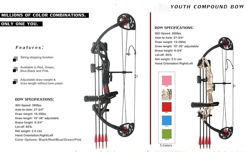 Compound Bow Archery for Youth and Beginner, Right Handed,19”-28” Draw Length,15-29 Lbs Draw Weight, 260 fps