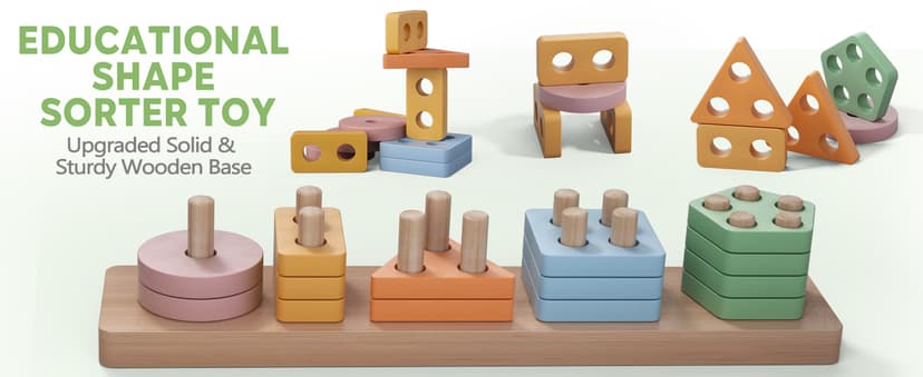 PEBIRA Montessori Toys for 1 2 Year Old, Wooden Sorting and Stacking Toys for Toddlers, Baby Shape Sorter and Color Stacker Blocks for Toddler, Preschool Learning Toy, Gift for 12-18 Month Boys Girls