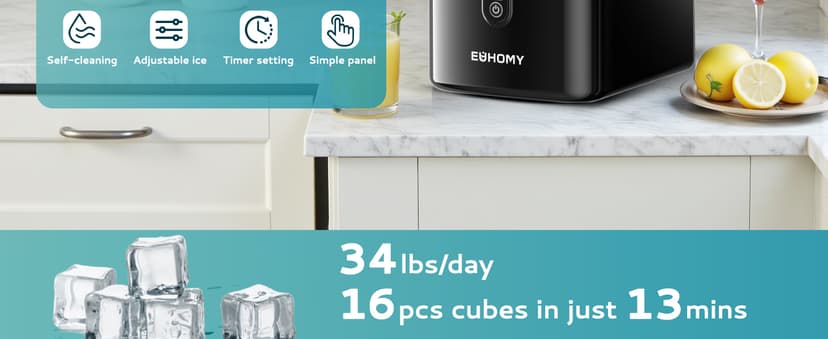 EUHOMY Ice Cube Maker Machine Countertop with External Water Tank, 2 Ways to Add Water, 34Lbs/Day, 16Pcs Ready in 7 Mins, Auto-Cleaning, with Ice Scoop & Basket, for Home/Kitchen/Office/Bar (Black)
