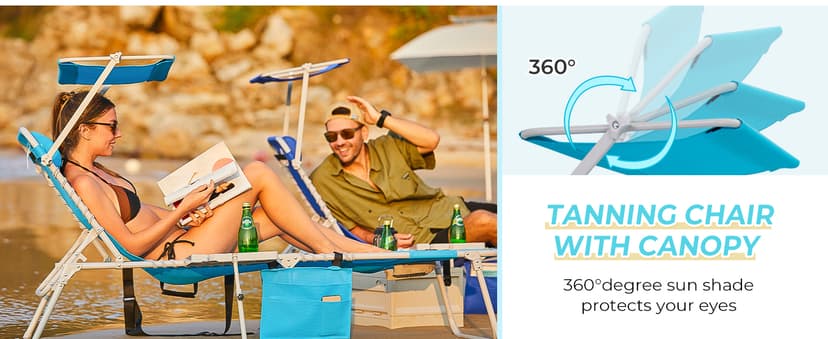 #WEJO 4-in-1 Tanning Chair with Face Hole and Side Table - 5-Position Face Down Folding Chaise Lounge with Canopy Shade & Cup Holder - Portable Heavy Duty Tanning Bed for Beach, Pool, Patio (Khaki)
