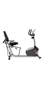 Sunny Health & Fitness Smart Recumbent Bike with Pulse Sensors, Home Cycling Workout Machine w/Cushion Seat & Mesh-Backrest, Free SunnyFit App Connection, Optional Programmable & Electro-Magnetic