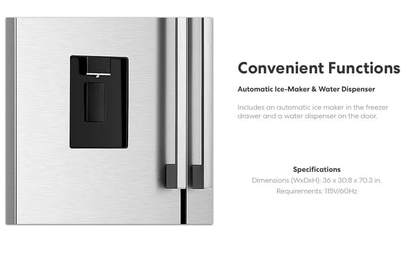 COSMO COS-FDR223GWSS 36 in. Lumin Collection 22.4 cu. ft. Counter Depth French Door Refrigerator, Water Dispenser, Ice Maker, Stainless Steel