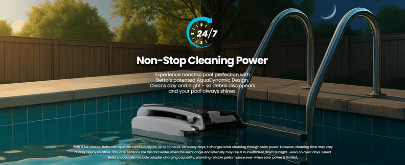 Betta SE Plus - Solar-Powered Robotic Pool Skimmer with 24/7 Continuous Cleaning Power, Dual Charging Options, Twin Salt Chlorine Tolerant Motors, and Shallow Water Safeguard