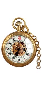 VIGOROSO Men's Vintage Full Copper Hand-Wind Mechanical Second&24hours Sub-dials Pocket Watch in Box