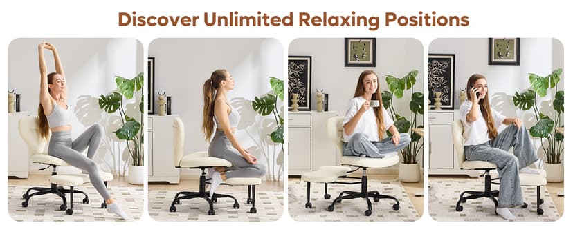 YFO Ergonomic Cross Legged Office Chair and ADHD Meditation Chair with Silent Wheels for Home Office Desk Chair and Yoga, Wider Backrest Support and Storage Pockets Design, PU Leather, Cream